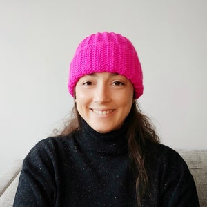 Hot pink knitted hat for adult, double brim beanie, winter ski wool knit hat, handmade gift for women image 1