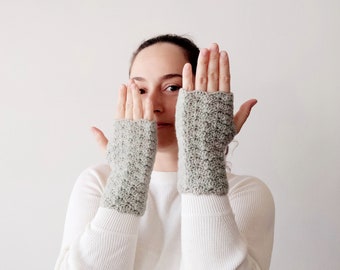 Greenish gray merino wool crochet fingerless gloves or mitts, knitted hand warmers, cozy handmade gift for pianist organist musician