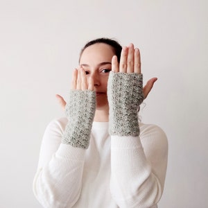 Greenish gray merino wool crochet fingerless gloves or mitts, knitted hand warmers, cozy handmade gift for pianist organist musician image 1