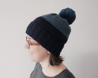 Blue slouchy knitted pom pom merino wool beanie hat - fall and winter accessories for men and women