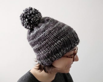 Chunky gray knitted hat for adult, pom pom beanie, winter wool knit hat, cozy handmade gift for men and women