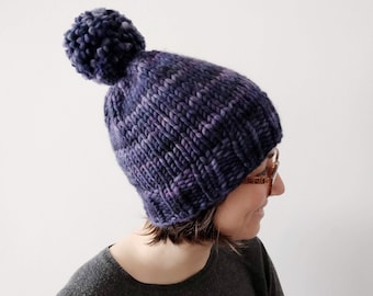 Chunky knitted pom pom merino wool hat for women, handmade winter wool hat to gift