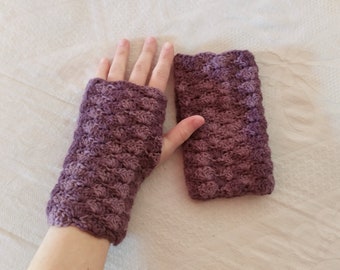 Handmade violet merino wool crochet fingerless gloves or mitts, great gift for her