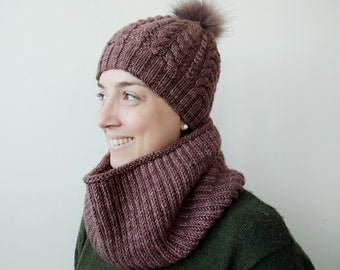 Merino wool hand knit hat and brioche cowl set, pom pom beanie and scarf, handmade knitwear gift