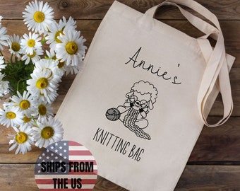 Personalized knitting tote bag, funny sheep knitter practical tote for women, mom grandma wife friend craft project bag, custom name tote