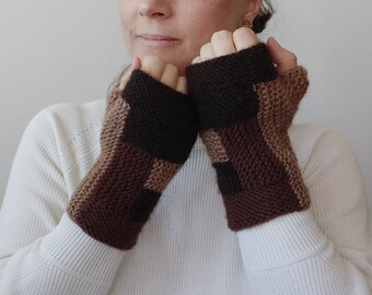 Brown knit wool fingerless gloves or mitts, knitted winter hand warmers, cute handmade gift for her and for him