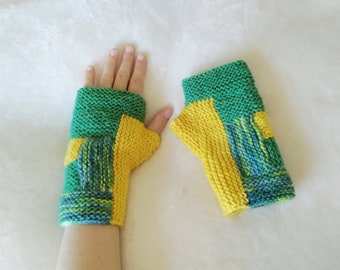 Merino wool knit fingerless gloves or mitts, knitted hand warmers, cozy handmade gift for her and for him