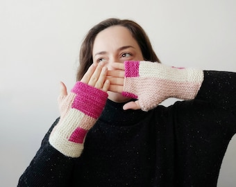 Pink merino wool knit fingerless gloves or mitts, knitted hand wrist warmers, cute cozy warm handmade gift for her girlfriend mom sister
