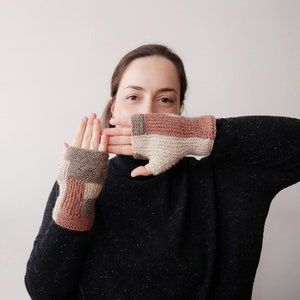 Merino wool knit fingerless gloves or mitts, knitted hand warmers, great handmade gift for her and for him image 2