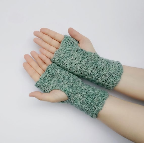 Handmade Light Green Merino Wool Crochet Fingerless Gloves or
