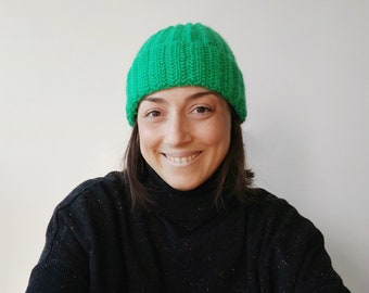 Green knitted hat for adult, double brim beanie, winter ski merino wool knit hat, cozy handmade gift for men and women