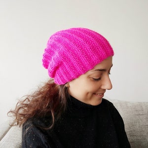 Hot pink knitted hat for adult, double brim beanie, winter ski wool knit hat, handmade gift for women image 3
