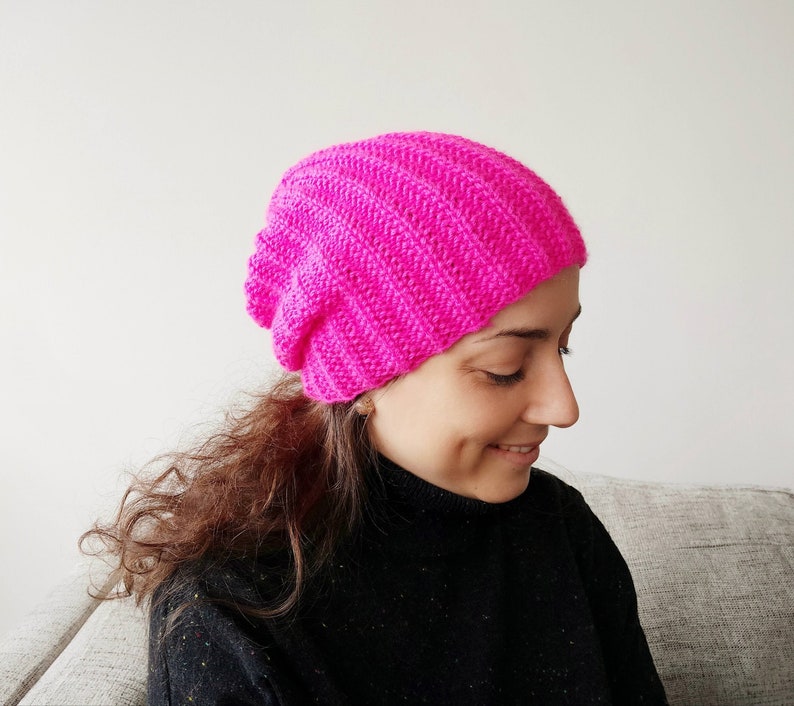 Hot pink knitted hat for adult, double brim beanie, winter ski wool knit hat, handmade gift for women image 3