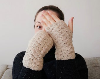 Handmade beige merino wool crochet fingerless gloves or mitts, great gift for her