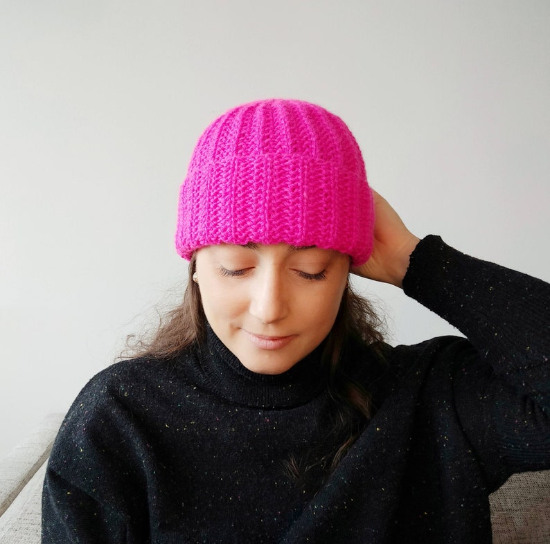 Hot pink knitted hat for adult, double brim beanie, winter ski wool knit hat, handmade gift for women image 2