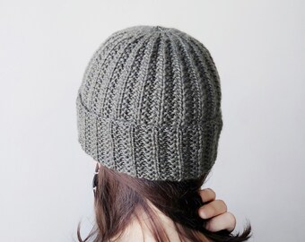 Gray knitted hat for adult,  double brim beanie, merino wool hat, winter knit hat