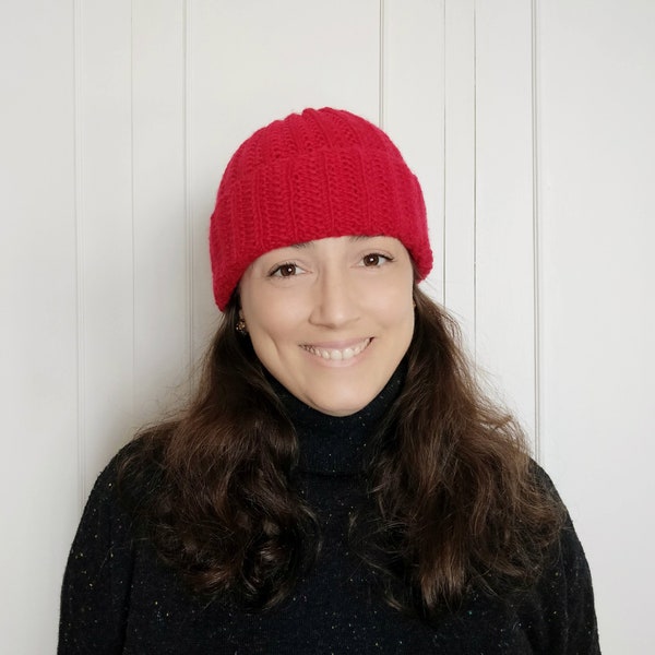 Gorro rojo tejido a mano en lana merino - regalo accesorio mujer invierno