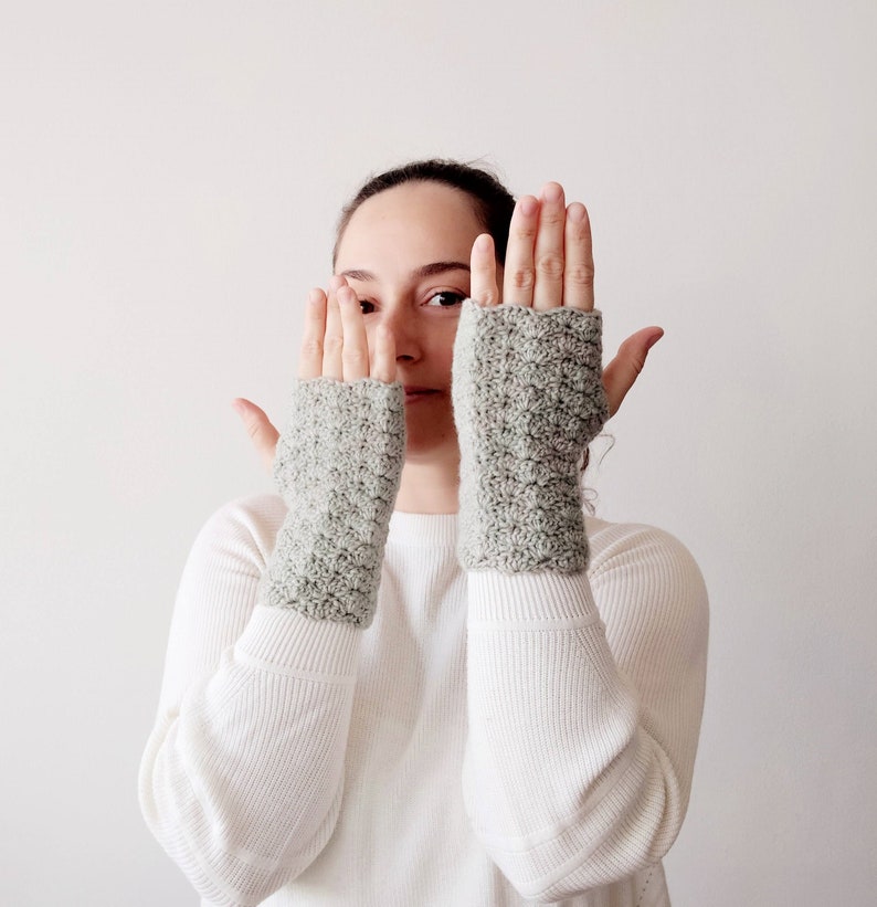 Greenish gray merino wool crochet fingerless gloves or mitts, knitted hand warmers, cozy handmade gift for pianist organist musician image 1