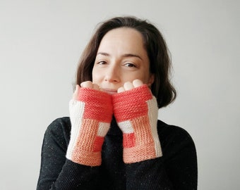 Merino wool knit fingerless gloves or mitts, knitted hand warmers, great handmade gift for her and for him