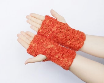 Handmade orange merino wool crochet fingerless gloves or mitts  - great gift for her