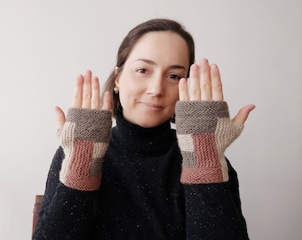 Merino wool knit fingerless gloves or mitts, knitted hand warmers, great handmade gift for her and for him