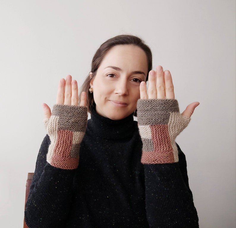 Merino wool knit fingerless gloves or mitts, knitted hand warmers, great handmade gift for her and for him image 1
