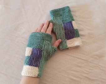 Merino wool knit fingerless gloves or mitts, knitted hand wrist warmers, cute cozy warm handmade gift for her him friend mom dad