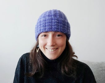 Knitted slouchy violet very peri winter merino wool hat beanie - handmade winter women accessory gift