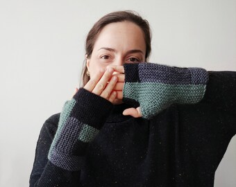 Dark merino wool knit fingerless gloves or mitts, knitted hand warmers, cozy handmade gift for men and women