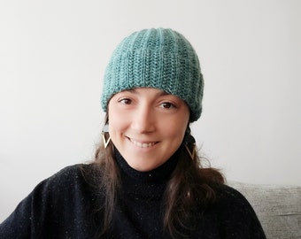 Teal blue knitted hat for adult, double brim beanie, winter ski merino wool knit hat, handmade gift for men and women