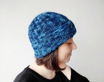 Blue knitted hat for adult, double brim beanie, winter ski merino wool knit hat, handmade gift for men and women