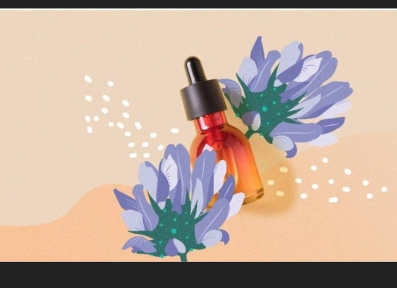 May include: An orange and red glass dropper bottle with a black cap, set against a light peach background. Two stylized purple and green flowers flank the bottle, with white dots scattered around. The image has a clean, artistic aesthetic.