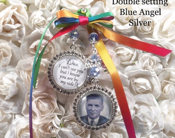 Personalised Photo charms for wedding bouquet, Bouquet photo charm, Wedding memorial charm, Blue crystal Angel charm, Rhinestone Photo Charm