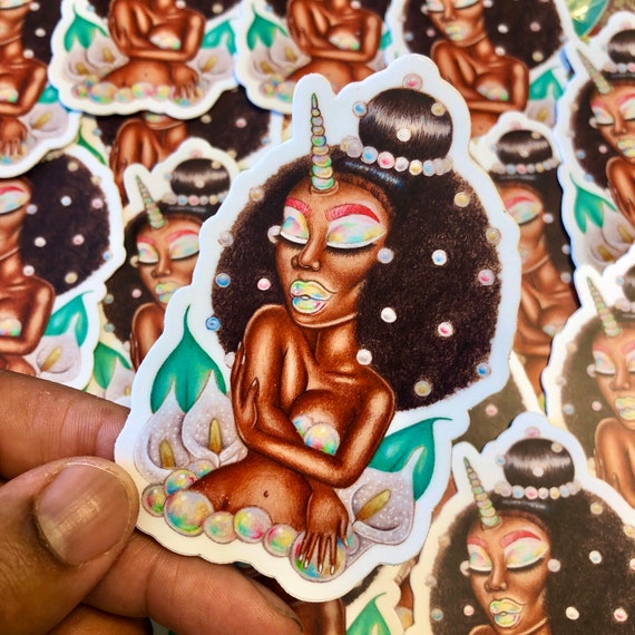 Brown Skin Unicorn Girl Glitter Art Sticker