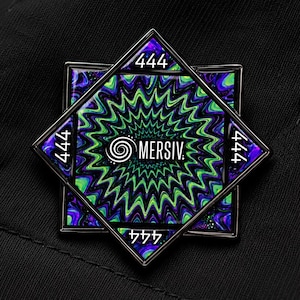 May include: A star-shaped metal pin featuring a black border and a central square with a vibrant purple and green psychedelic swirl pattern. The text 444 is printed on each of the four points of the star, and the word MERSIV is centered in white.