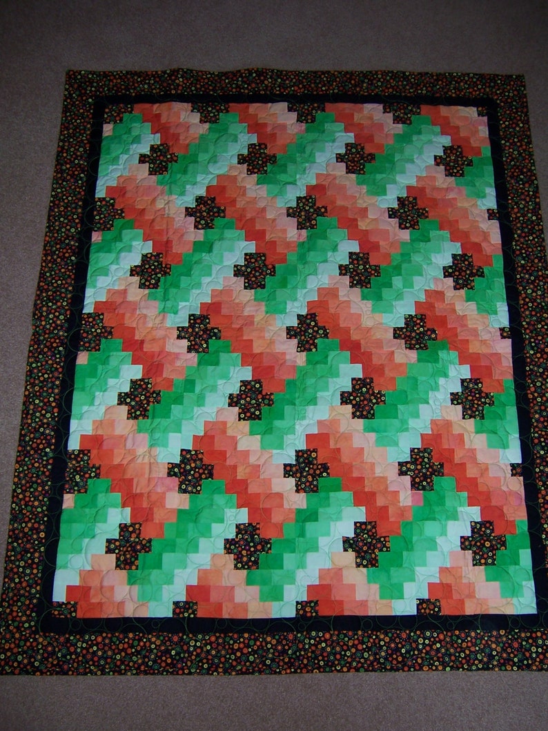 Black and Orange shops and Green baby or infant quilt