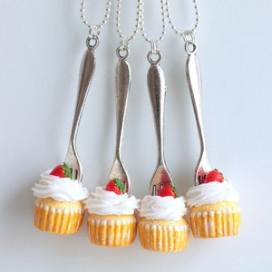 Strawberry whipped cream cupcake necklace in fimo, silver metal chain, handmade miniature in polymer clay