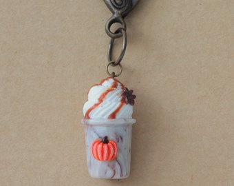 Pumpkin spice latte bag charm in fimo, handmade in polymer clay