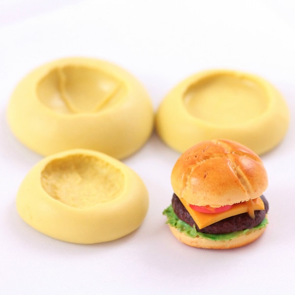 Moule silicone Hamburger Bun + Steak lot de 3 pour Fimo, résine, airlcay, miniature