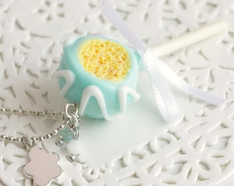Cake Pop necklace in fimo, silver ball chain, satin bow. Handmade in polymer clay