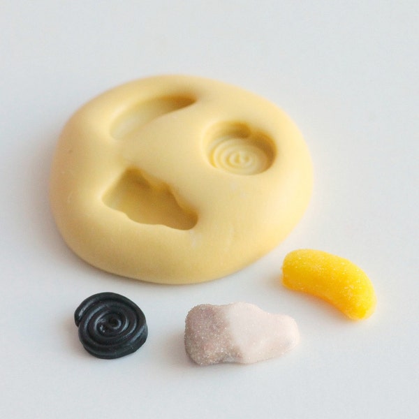 Moule silicone bonbons miniatures réglisse, coca, banane pour Fimo, résine, airclay