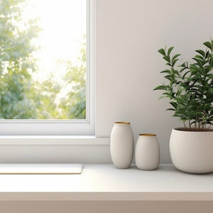 May include: A white windowsill with a white window behind it. There are three white ceramic pots with gold rims on the windowsill. The pot on the right has a green plant growing out of it.