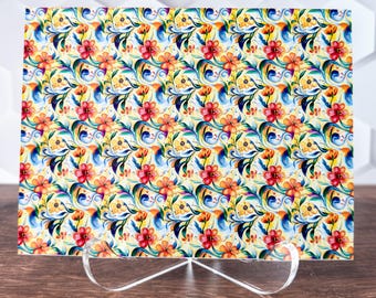 May include: A colorful floral pattern with red, yellow, blue, and green flowers on a white background. The pattern is repeated throughout the image.