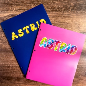 May include: Two binders, one blue and one pink, are displayed on a wooden surface. The word "ASTRID" is written on each binder. The blue binder has yellow letters with a floral pattern, while the pink binder has rainbow-colored letters.