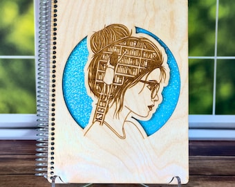 Book Girl | Wood Notebook | Wood Journal | Library Girl | Spiral Bound | Book Lover Gift | Laser Cut Notebook | Handmade Notebook