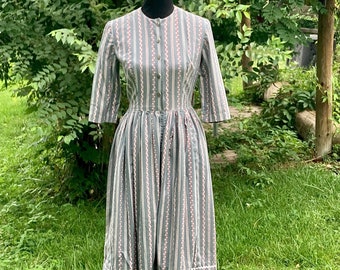 Unlabeled Handmade Vintage Style Gray, Pink and White Dress; estimated to be a size 2
