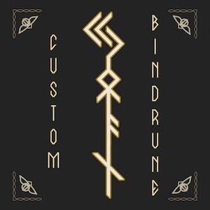 May include: Black background with gold-colored text and design elements. The image features the words "CUSTOM" and "BIND RUNE" in vertical text, along with a central rune symbol and corner flourishes. The design has a vintage aesthetic.