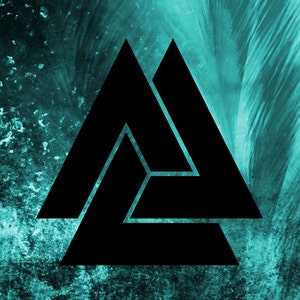 May include: A black triangular symbol with three interlocking triangles, set against a teal blue background with a textured, abstract pattern.