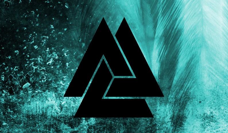 May include: A black triangular symbol with three interlocking triangles, set against a teal blue background with a textured, abstract pattern.