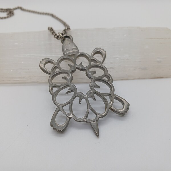 Vintage Pewter Turtle Pendant: Surfer Beach Vibes; Retro Reed & Barton Openwork Turtle Charm